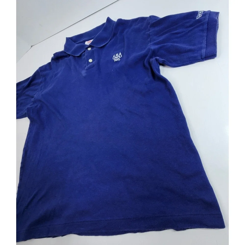 Vintage 1980 Levis Olympic Games Blue Polo Shirt Made in USA Size Large Single S